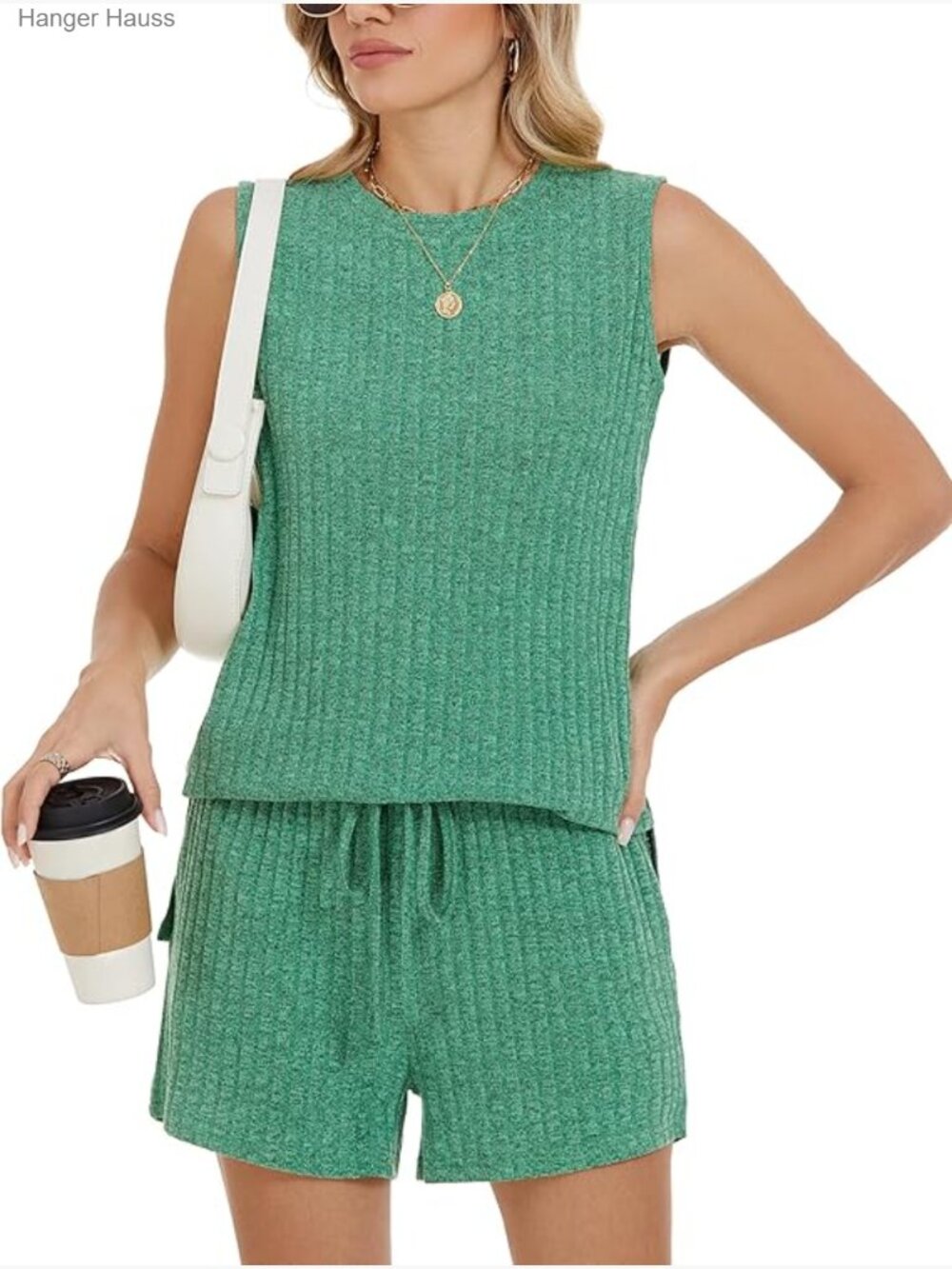 Women's 2 Piece Tank Top Pajama Set with Shorts Pockets - Picture 1 of 7
